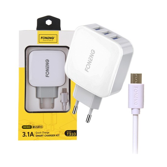 Adaptador Carregador Rápido Foneng T310 com Micro Cabo 3 USB 3,1A Branco